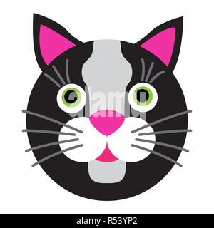 Black cartoon cat with green eyes on white