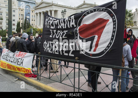 Athens, Greece. 29th Nov, 2018. Students march shouting slogans against fascism. Elementary school students staged a demonstration to protest against a recent call to students by nationalist groups, including the greek neo-nazi party Golden Dawn, to occupy their schools protesting over the name 'North Macedonia'' for Greece's neighboring country. Credit: Nikolas Georgiou/ZUMA Wire/Alamy Live News Stock Photo