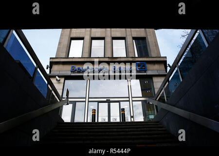 Brussels, Belgium. 29th Nov, 2018. Exterior view of Deutsche Bank branch. A large contingent of investigators searched the headquarters of the largest German money house in Frankfurt. The suspicion: Group employees helped customers set up so-called offshore companies in tax havens and launder money from criminal activities. Credit: ALEXANDROS MICHAILIDIS/Alamy Live News Stock Photo