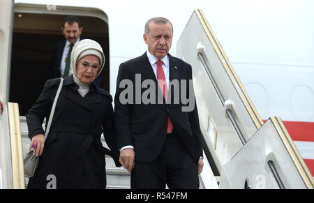 Buenos Aires, Argentina. 29th Nov 2018. Turkish President Recep Tayyip Erdogan and his wife Emine Erdogan step off their airplane at the Ministro Pistarini international airport November 29, 2018 in Buenos Aires, Argentina. Modi with join other world leaders in the Group of 20 industrialized nations Summit meeting. Credit: Planetpix/Alamy Live News Stock Photo