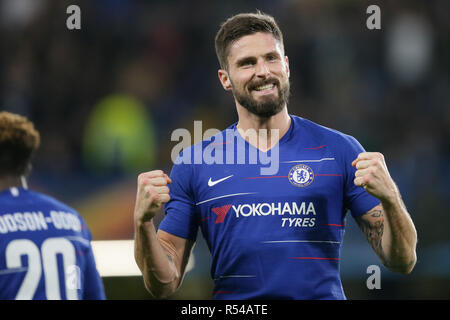 London, UK. 29th Nov, 2018. Chelsea's Olivier Giroud celebrates scoring during the UEFA Europa League Group L match between Chelsea and PAOK at Stamford Bridge in London, Britain on Nov. 29, 2018. Chelsea won 4-0. Credit: Tim Ireland/Xinhua/Alamy Live News Stock Photo