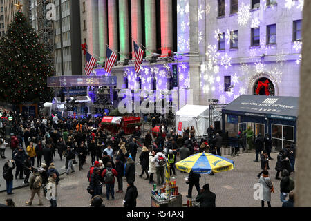 New York City, New York, USA. 29th Nov, 2018. The New York Stock Exchange celebrated its Ninety-fifth (95) annual Christmas Tree lighting ceremony on 29 November 2018, outside its famous Wall Street location in Lower Manhattan. The tree lighting ceremony included entertainment and a sound stage that featured interviews with well-known personalities. Credit: G. Ronald Lopez/ZUMA Wire/Alamy Live News Stock Photo