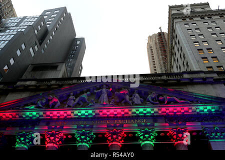 New York City, New York, USA. 29th Nov, 2018. The New York Stock Exchange celebrated its Ninety-fifth (95) annual Christmas Tree lighting ceremony on 29 November 2018, outside its famous Wall Street location in Lower Manhattan. The tree lighting ceremony included entertainment and a sound stage that featured interviews with well-known personalities. Credit: G. Ronald Lopez/ZUMA Wire/Alamy Live News Stock Photo