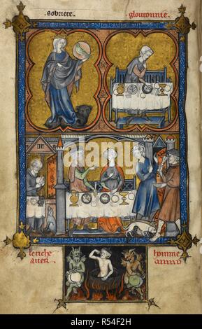 Top left compartment: Sobriety as a crowned female figure standing on a bear holding a medallion of a green parrot, with an inscription above 'sobriete'. Top right compartment: Gluttony as a young man seated at a full table and vomiting, with an inscription above 'gloutonnie'. Bottom left compartment: A seated man cutting a loaf with his dog waiting at his side. Bottom right compartment: Dives dining at table and ordering his steward to bar the way to Lazarus, dressed as a pilgrim with two dogs licking the sores on his legs; beneath, in an additional compartment, Dives in Hell, in a cauldron f Stock Photo