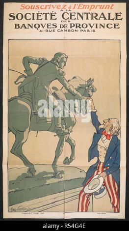 A French propaganda poster showing 'Uncle Sam' (America) shaking hands with the statue of a horseman. [A collection of English and French War (World War I) Posters.]. 1914-1919. Source: Tab.11748.a. poster 234. Stock Photo