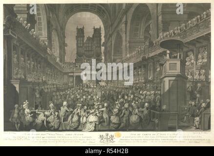A view in St. Paul's Cathedral looking towards the organ, a large congregation assembled in the presence of HM King George III at service of thanksgiving for his recovery, seated in a box with members of the royal family in the centre. The Bishop of London in pulpit in the right foreground, his hand raised as if to silence the chatting crowds. To the RIGHT HON.BLE WILL.M GILL, LORD MAYOR. THE COURT of ALDERMEN and COMMON COUNCIL of the CITY of LONDON. This View of View of the Choir of St. Paul's, on the Day of Solemn Thanksgiving for the Recovery of His Majesty, April 23rd, 1789... London Publ Stock Photo