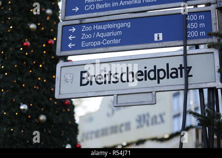 Berlin, Germany. 28th Nov, 2018. Berlin: Street name sign at the entrance to the Christmas market on the Breitscheidplatz Credit: Simone Kuhlmey/Pacific Press/Alamy Live News Stock Photo