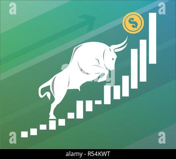 Bull moves Dollar up on graph, positive currency market, green background Stock Vector