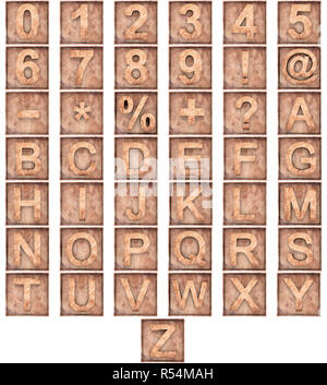Set of 3D wooden English alphabet letters and Numbers from zero to nine isolated on white background Stock Photo