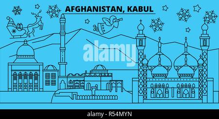 Afghanistan, Kabul winter holidays skyline. Merry Christmas, Happy New Year decorated banner with Santa Claus.Flat, outline vector.Afghanistan, Kabul linear christmas city illustration Stock Vector