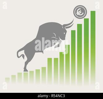 Bull moves Euro up on graph, positive currency market, grey background Stock Vector