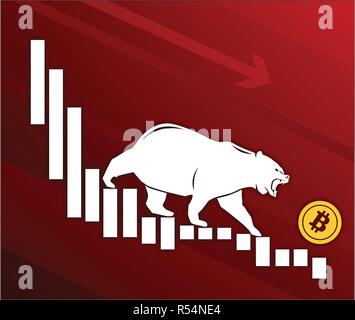 Bear moves Bitcoin down on graph, negative cryptocurrency market, red background Stock Vector