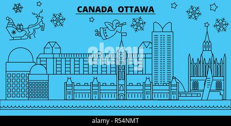 Canada, Ottawa winter holidays skyline. Merry Christmas, Happy New Year decorated banner with Santa Claus.Canada, Ottawa linear christmas city vector flat illustration Stock Vector
