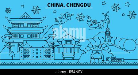 China, Chengdu winter holidays skyline. Merry Christmas, Happy New Year decorated banner with Santa Claus.China, Chengdu linear christmas city vector flat illustration Stock Vector