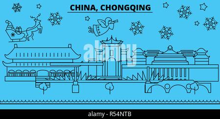 China, Chongqing winter holidays skyline. Merry Christmas, Happy New Year decorated banner with Santa Claus.China, Chongqing linear christmas city vector flat illustration Stock Vector