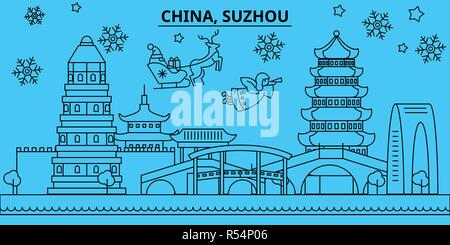 China, Suzhou winter holidays skyline. Merry Christmas, Happy New Year decorated banner with Santa Claus.China, Suzhou linear christmas city vector flat illustration Stock Vector