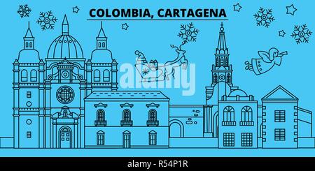 Colombia, Cartagena winter holidays skyline. Merry Christmas, Happy New Year decorated banner with Santa Claus.Flat, outline vector.Colombia, Cartagena linear christmas city illustration Stock Vector