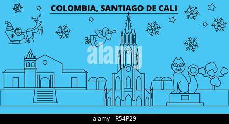 Colombia, Santiago de Cali winter holidays skyline. Merry Christmas, Happy New Year decorated banner with Santa Claus.Colombia, Santiago de Cali linear christmas city vector flat illustration Stock Vector