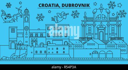 Croatia, Dubrovnik winter holidays skyline. Merry Christmas, Happy New Year decorated banner with Santa Claus.Croatia, Dubrovnik linear christmas city vector flat illustration Stock Vector