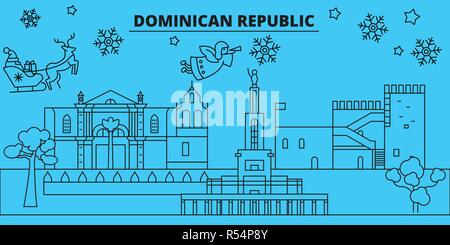 Dominican Republic winter holidays skyline. Merry Christmas, Happy New Year  with Santa Claus.Dominican Republic linear christmas city vector flat illustration Stock Vector