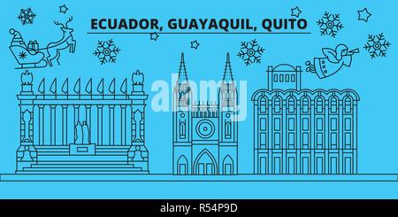 Ecuador, Guayaquil winter holidays skyline. Merry Christmas, Happy New Year decorated banner with Santa Claus.Ecuador, Guayaquil linear christmas city vector flat illustration Stock Vector