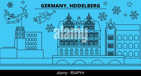 Germany, Heidelberg winter holidays skyline. Merry Christmas, Happy New Year decorated banner with Santa Claus.Germany, Heidelberg linear christmas city vector flat illustration Stock Vector