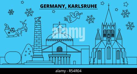 Germany, Karlsruhe winter holidays skyline. Merry Christmas, Happy New Year decorated banner with Santa Claus.Germany, Karlsruhe linear christmas city vector flat illustration Stock Vector