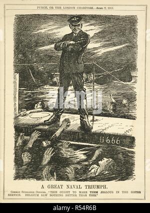 'A great naval triumph'. A German U-boat captain looking down at the drowning victims of a ship. Punch or the London charivari. London, 1915. Source: PP.5270, 7 April 1915, page 263. Author: Raven-Hill, Leonard. Stock Photo