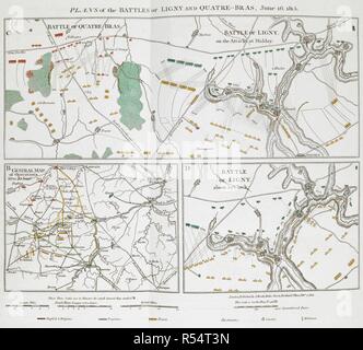 Plans of the Battles of Ligny and Quatre-Bras, June 16, 1815. The Battle of Waterloo, also of Ligny and Quatre-Bras described by ... a near observer ... [A narrative by C. A. Eaton, with a sketch by J. Waldie... from sketches by Captain G. Jones. 2 vol. John Booth; T. Egerton: London, 1817. Source: G.5651 part 2, 3rd fold-out plan. Author: Eaton, Charlotte Anne. Jones, Captain George. Stock Photo