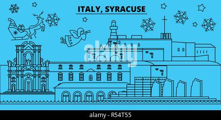 Italy, Syracuse winter holidays skyline. Merry Christmas, Happy New Year decorated banner with Santa Claus.Italy, Syracuse linear christmas city vector flat illustration Stock Vector