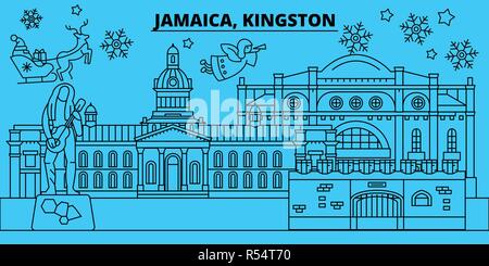 Jamaica, Kingston winter holidays skyline. Merry Christmas, Happy New Year decorated banner with Santa Claus.Jamaica, Kingston linear christmas city vector flat illustration Stock Vector