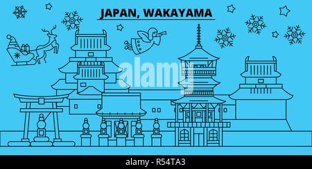 Japan, Wakayama winter holidays skyline. Merry Christmas, Happy New Year decorated banner with Santa Claus.Japan, Wakayama linear christmas city vector flat illustration Stock Vector