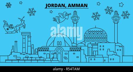 Jordan, Amman winter holidays skyline. Merry Christmas, Happy New Year decorated banner with Santa Claus.Jordan, Amman linear christmas city vector flat illustration Stock Vector