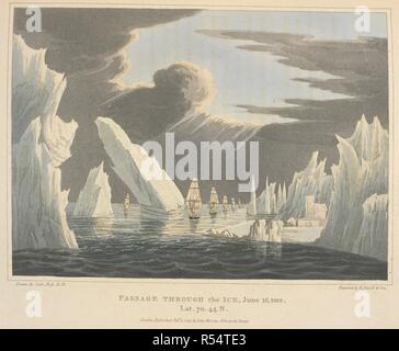 Passage through the ice; June 16, 1818. Lat.70.44 N. Voyage of Discovery, made under the orders of the Admiralty, in his Majesty's ships Isabella and Alexander for the purpose of exploring Baffin's Bay, and enquiring into the possibility of a North-West Passage. London : cxlix. J. Murray, 1819. Source: G.7399 plate opposite page 46. Author: ROSS, JOHN. Stock Photo