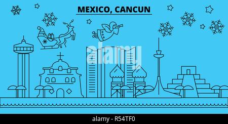 Mexico, Cancun winter holidays skyline. Merry Christmas, Happy New Year decorated banner with Santa Claus.Mexico, Cancun linear christmas city vector flat illustration Stock Vector