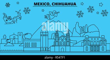 Mexico, Chihuahua winter holidays skyline. Merry Christmas, Happy New Year decorated banner with Santa Claus.Mexico, Chihuahua linear christmas city vector flat illustration Stock Vector