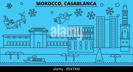 Morocco, Casablanca winter holidays skyline. Merry Christmas, Happy New Year decorated banner with Santa Claus.Morocco, Casablanca linear christmas city vector flat illustration Stock Vector