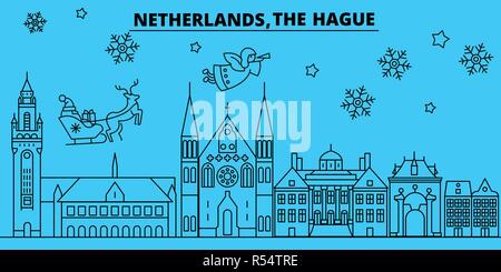 Netherlands, The Hague winter holidays skyline. Merry Christmas, Happy New Year decorated banner with Santa Claus.Netherlands, The Hague linear christmas city vector flat illustration Stock Vector