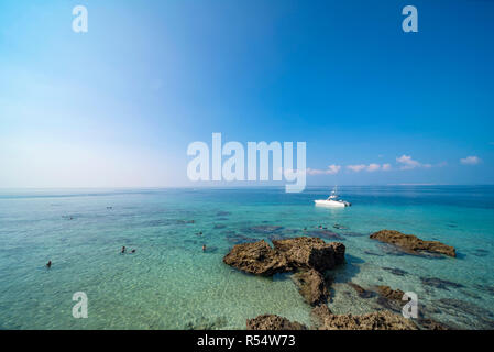 A luxury yacht is seen anchored near Paradise Island Mozambique Stock Photo