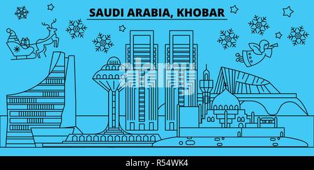 Saudi Arabia, Khobar winter holidays skyline. Merry Christmas, Happy New Year decorated banner with Santa Claus.Saudi Arabia, Khobar linear christmas city vector flat illustration Stock Vector