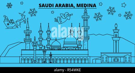 Saudi Arabia, Medina winter holidays skyline. Merry Christmas, Happy New Year decorated banner with Santa Claus.Saudi Arabia, Medina linear christmas city vector flat illustration Stock Vector