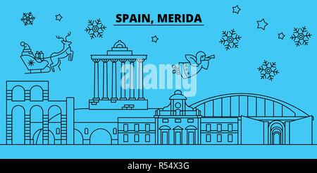 Spain, Merida winter holidays skyline. Merry Christmas, Happy New Year decorated banner with Santa Claus.Spain, Merida linear christmas city vector flat illustration Stock Vector