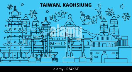 Taiwan, Kaohsiung winter holidays skyline. Merry Christmas, Happy New Year decorated banner with Santa Claus.Flat, outline vector.Taiwan, Kaohsiung linear christmas city illustration Stock Vector