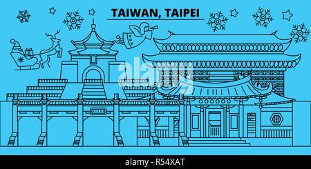 Taiwan, Taipei winter holidays skyline. Merry Christmas, Happy New Year decorated banner with Santa Claus.Taiwan, Taipei linear christmas city vector flat illustration Stock Vector