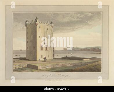 Ackergill Tower, a traditional tower house in Caithnesshire. The coastline and landscape of Great Britain. Drawn and engraved by William Daniell. A Voyage round Great Britain undertaken in the summer of the year 1813. With a series of views illustrative of the character and prominent features of the coast, drawn and engraved by William Daniell. Longman: London, 1814-25. Source: G.7045 plate 155. Language: English. Author: DANIELL, WILLIAM. AYTON, RICHARD. Stock Photo