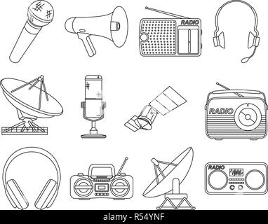 Line art black white 12 telecommunication elements Stock Vector