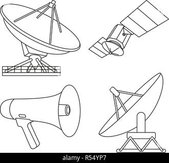 Line art black white 4 telecommunication elements Stock Vector