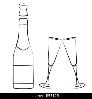 champagne bottle and glasses outline drawing isolated on white background vector illustration EPS10 Stock Vector
