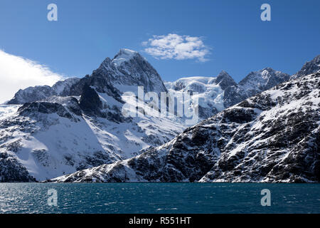 View of the spectacular Drygalski Fjord with snow covered mountains on South Georgia Island in the South Atlantic Island, Antarctica Stock Photo