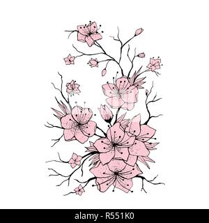Sakura branch hand drawn illustration. Japanese Cherry tree twig. Pink flowers and buds on white background. Sakura branch with cherry blossom. Poster, logo floral design element. Isolated vector Stock Vector